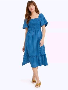 Draper James Blue Striped Smocked Midi Dress